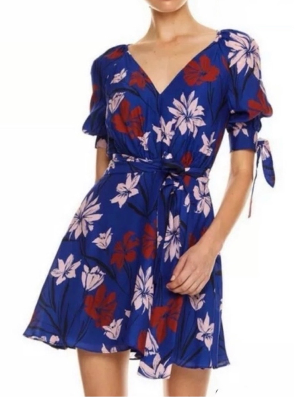 Blue Floral V-Neck Tie-Waist Mini Dress